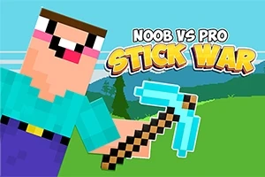 Postava v pixelovanej grafike drží modrý krompáč s nápisom NOOB VS PRO STICK WAR v pozadí na zelenej lúke