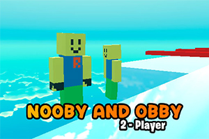 Dva pixelové postavičky na modrej plošine s textom NOOBY AND OBBY 2 - Player v popredí