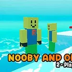 Dva pixelové postavičky na modrej plošine s textom NOOBY AND OBBY 2 - Player v popredí