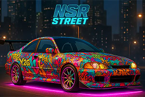 Farebné športové auto s výrazným graffiti dizajnom a neónovým podsvietením v mestskom prostredí v noci