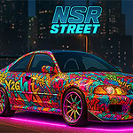 Farebné športové auto s výrazným graffiti dizajnom a neónovým podsvietením v mestskom prostredí v noci