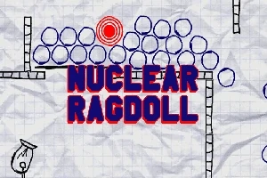 Názov NUCLEAR RAGDOLL na pozadí s modrými kruhmi, terčom a ručne kreslenými čiarmi