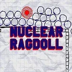 Názov NUCLEAR RAGDOLL na pozadí s modrými kruhmi, terčom a ručne kreslenými čiarmi