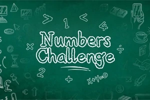 Nápis Numbers Challenge na zelenej tabuli, obklopený kresbami matematických symbolov a ikon