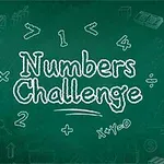 Nápis Numbers Challenge na zelenej tabuli, obklopený kresbami matematických symbolov a ikon