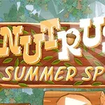 Nápis Nut Rush Summer Sprint na drevenom pozadí s listami