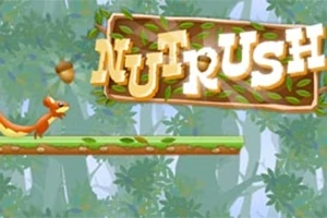 Veverička beží po zelenej plošine v lese s textom Nut Rush na drevenej tabuli