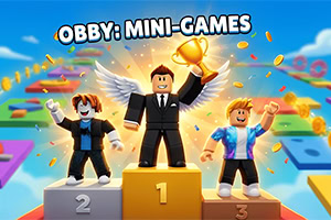 Tri postavy na stupňoch víťazov, stredná drží zlatý pohár, okolo padajú konfety a v pozadí je farebná plošinová dráha s nápisom „OBBY: MINI-GAMES