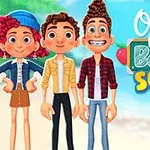 Traja kreslení postavičky na pláži s logom Ocean Kids Back to School vedľa nich