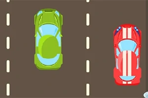 Dve autá na dvojprúdovej ceste, zelené auto v ľavom pruhu a červené auto s bielymi pruhmi v pravom pruhu