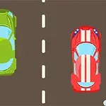 Dve autá na dvojprúdovej ceste, zelené auto v ľavom pruhu a červené auto s bielymi pruhmi v pravom pruhu