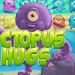 Fialová chobotnica s jedným okom a nápisom Octopus Hugs pred farebným koralovým pozadím s ďalšími podobnými postavami