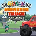 Červené monster truck auto so skupinou farebných postavičiek na pozadí domov a nápisu
