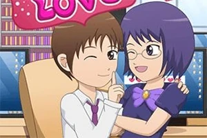 Dve anime postavy v kancelárskom prostredí s počítačmi v pozadí, s jedným z nich jemne naznačujúcim utíšenie