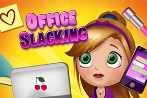 Dievča s veľkými zelenými očami obklopené predmetmi ako notebook s čerešňami, smartfón, pero a nápis Office Slacking na žiarivom pozadí