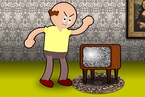 Kreslená postavička s nahnevaným výrazom stojí pred televízorom so zrnením na obrazovke