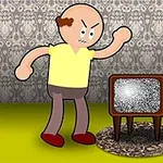 Kreslená postavička s nahnevaným výrazom stojí pred televízorom so zrnením na obrazovke