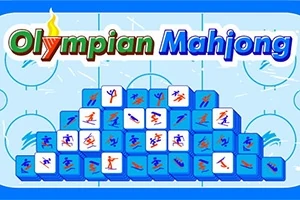 Pyramída modrých dlaždíc s obrázkami športovcov na ľadovej ploche s nápisom Olympian Mahjong
