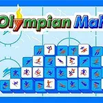 Pyramída modrých dlaždíc s obrázkami športovcov na ľadovej ploche s nápisom Olympian Mahjong
