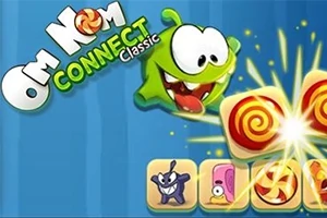 Ilustrácia zeleného postavičky s veľkými očami a lízankami doplnená textom Om Nom Connect Classic