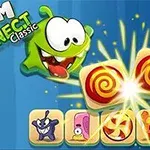 Ilustrácia zeleného postavičky s veľkými očami a lízankami doplnená textom Om Nom Connect Classic