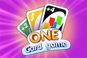 Karty so symbolmi šípok, plus dva a plus štyri s textom ONE Card game na fialovom pozadí
