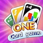 Karty so symbolmi šípok, plus dva a plus štyri s textom ONE Card game na fialovom pozadí