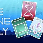 Text „ONE LINE ONLY“ vedľa troch farebných kariet s geometrickými tvarmi na modro-fialovom pozadí