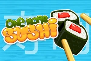 Farebné textové logo s nápisom a dvoma sushi rolkami na modrom pozadí
