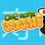 Farebné textové logo s nápisom a dvoma sushi rolkami na modrom pozadí