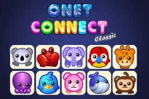 Farebný nápis Onet Connect Classic nad desiatimi kreslenými ikonami zvierat vrátane koaly, kraba, slona, papagája, žirafy, chobotnice, vtáčika, myšiaka, veľryby a opice na tmavomodrom pozadí