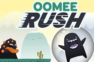 Dva kreslené príšerky, jedna čierna s otvorenou pusou v bublinovej guli a druhá čierna so žltými výrastkami, na pastelovo farebnom pozadí s nápisom OOMEE RUSH