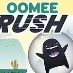 Dva kreslené príšerky, jedna čierna s otvorenou pusou v bublinovej guli a druhá čierna so žltými výrastkami, na pastelovo farebnom pozadí s nápisom OOMEE RUSH
