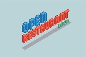 Farebné izometrické nápisy OPEN RESTAURANT BEGIN na svetlom pozadí