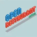 Farebné izometrické nápisy OPEN RESTAURANT BEGIN na svetlom pozadí