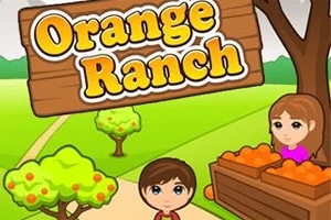 Dve kreslené postavy pri strome s drevenými debnami plnými pomarančov s nápisom Orange Ranch na drevenej ceduľke