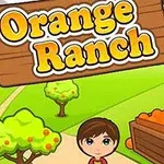 Dve kreslené postavy pri strome s drevenými debnami plnými pomarančov s nápisom Orange Ranch na drevenej ceduľke