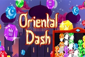 Farebné drahokamy a nápis Oriental Dash na pozadí siluety orientálneho mesta