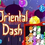 Farebné drahokamy a nápis Oriental Dash na pozadí siluety orientálneho mesta