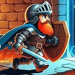 Rytier s červenou bradou a brnením drží meč a štít, beží k modrým magickým dverám v kamennom prostredí
