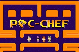 Retro pixelová grafika s nápisom PAC-CHEF a štyroma postavičkami oblečenými ako kuchári na tmavofialovom pozadí s oranžovým bludiskom