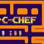 Retro pixelová grafika s nápisom PAC-CHEF a štyroma postavičkami oblečenými ako kuchári na tmavofialovom pozadí s oranžovým bludiskom