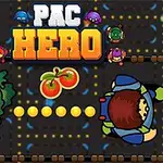 Ilustrácia ukazuje kreslenú postavičku na hracej ploche, ktorú prenasledujú príšerky, s názvom PAC HERO v hornej časti a dvomi čerešňami uprostred