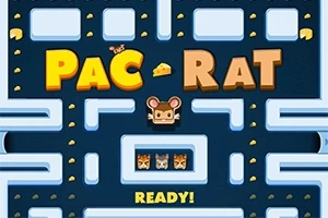 Ilustrácia s bludiskom, kde je v strede malá myš a farebný text PAC-RAT