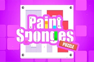 Farebný názov Paint Sponges Puzzle na fialovom pozadí s geometrickými tvarmi
