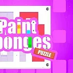 Farebný názov Paint Sponges Puzzle na fialovom pozadí s geometrickými tvarmi