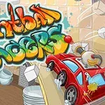 Farebný graffiti nápis s názvom vedľa červeného autíčka na kuchynskej linke s rozliatou žltou farbou a kockami cukru