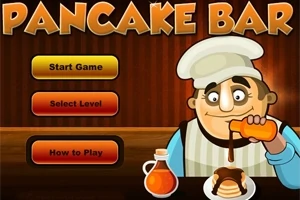 Kreslená postavička kuchára nalieva sirup na palacinky vedľa nápisov Start Game, Select Level a How to Play