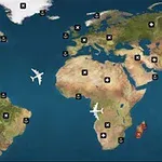 Mapa sveta so symbolmi lietadiel a rôznymi ikonami na jednotlivých kontinentoch