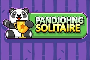 Roztomilá panda držiaca zlatý pohár vedľa názvu Pandjohng Solitaire na fialovom pozadí s bambusovými motívmi